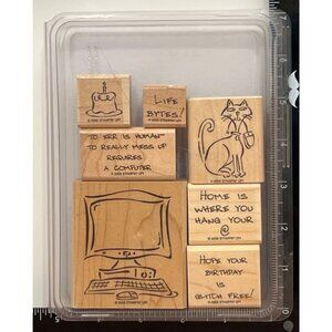 Stampin Up! Computer Quips Wood Mounted Rubber Stamp Set Of 7 105256 cat & mouse